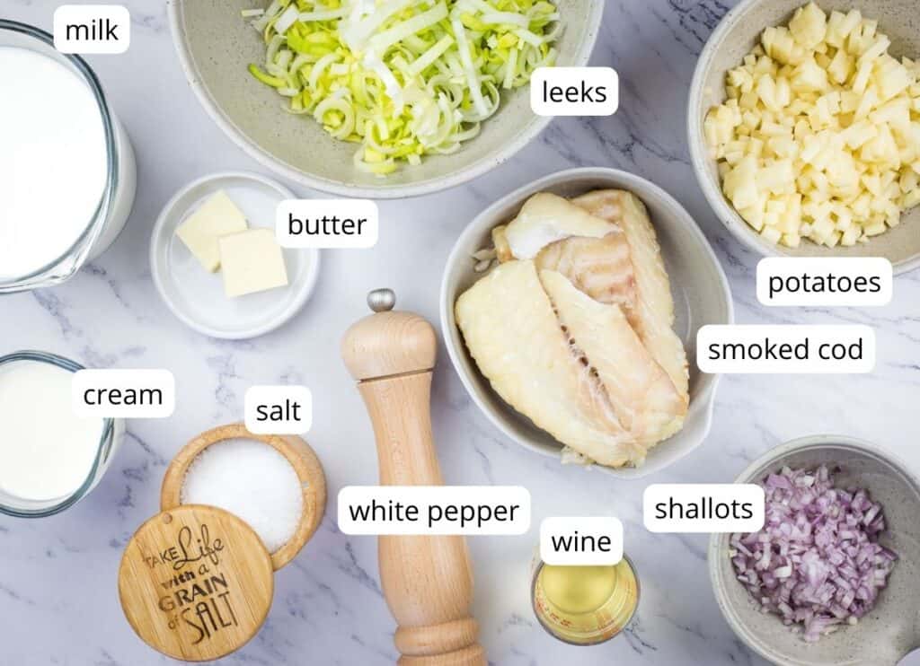 Labeled ingredients to make Cullen Skink soup.