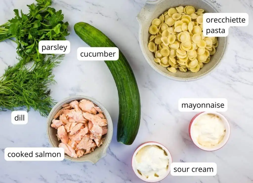 Labeled Salmon Pasta Salad ingredients.