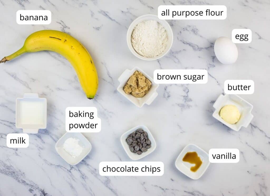 Labeled ingredients to make banana chocolate chip mug cake.
