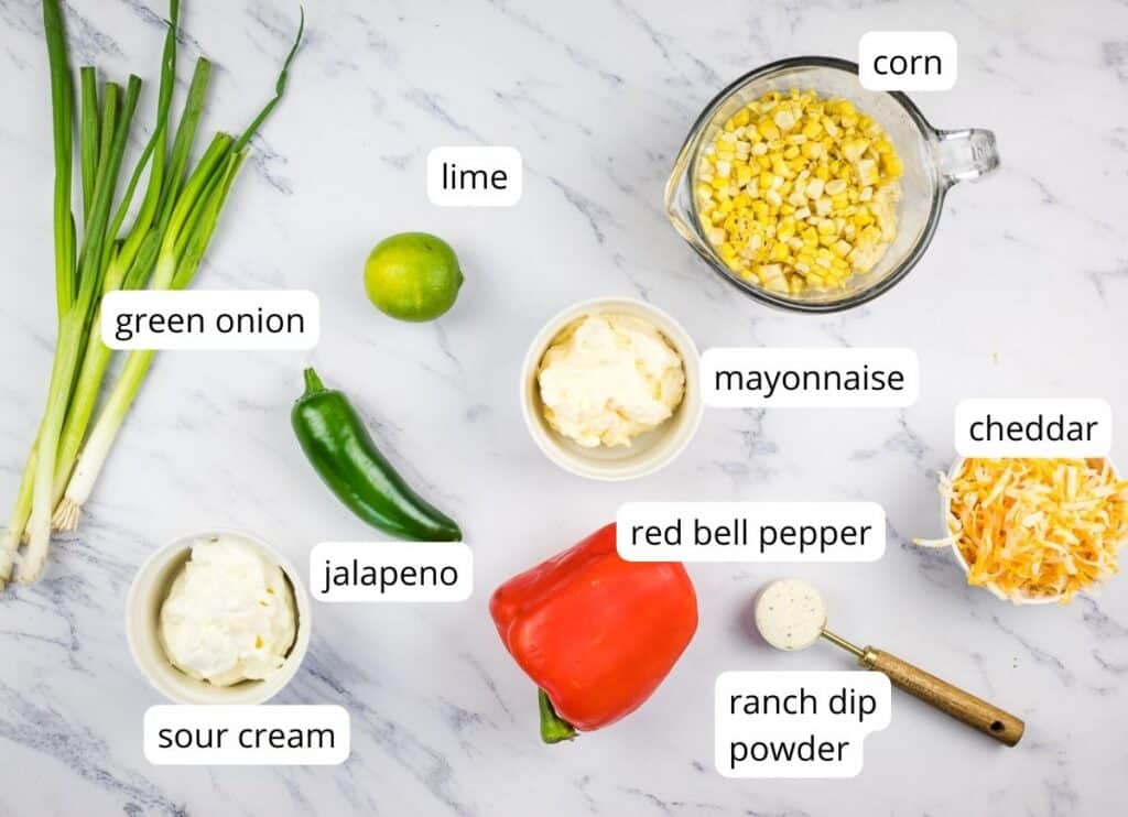 Labeled ingredients to make Cold Corn Dip.
