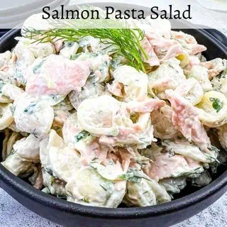 Salmon Pasta Salad in a Black Bowl.