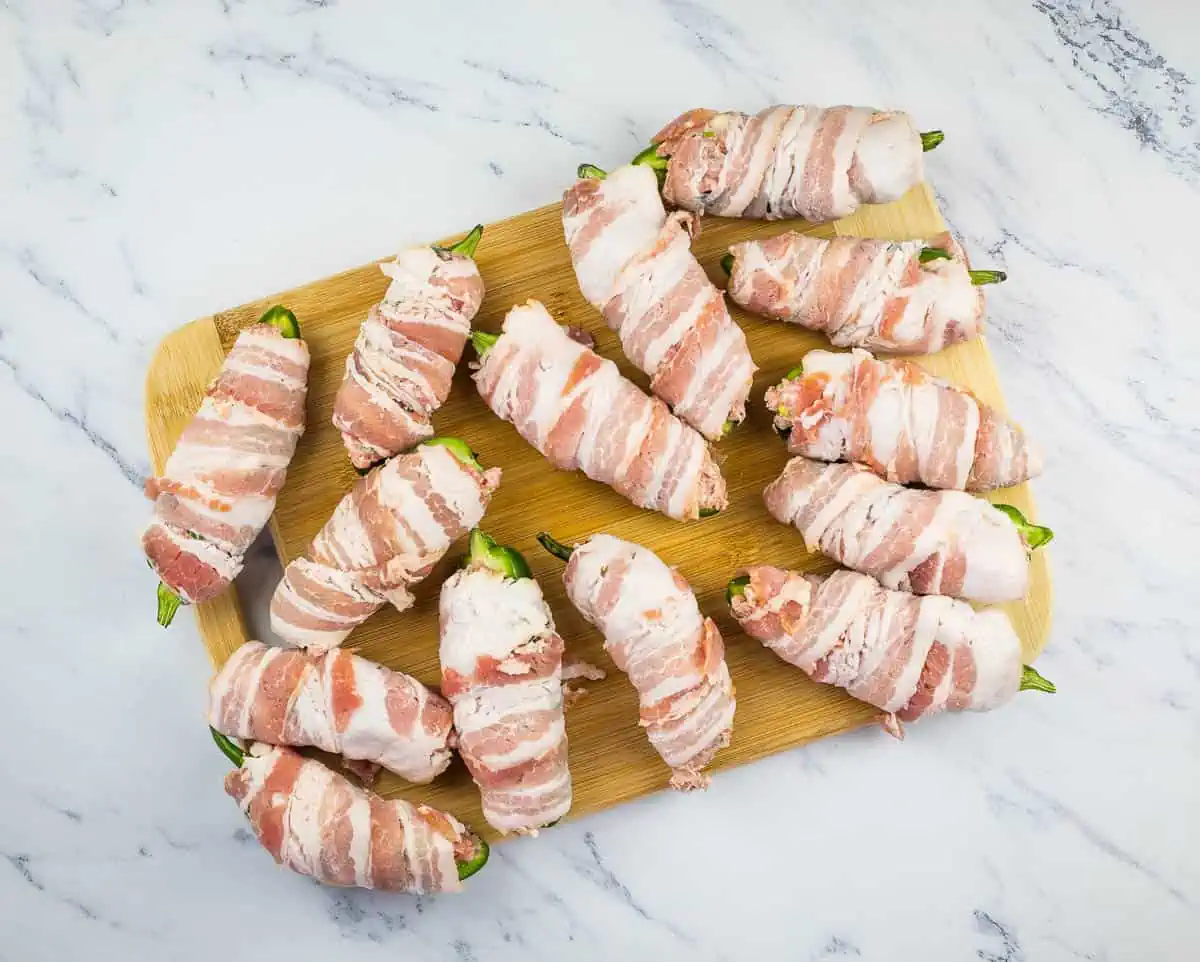 Bacon wrapped jalapeno poppers ready for the smoker.