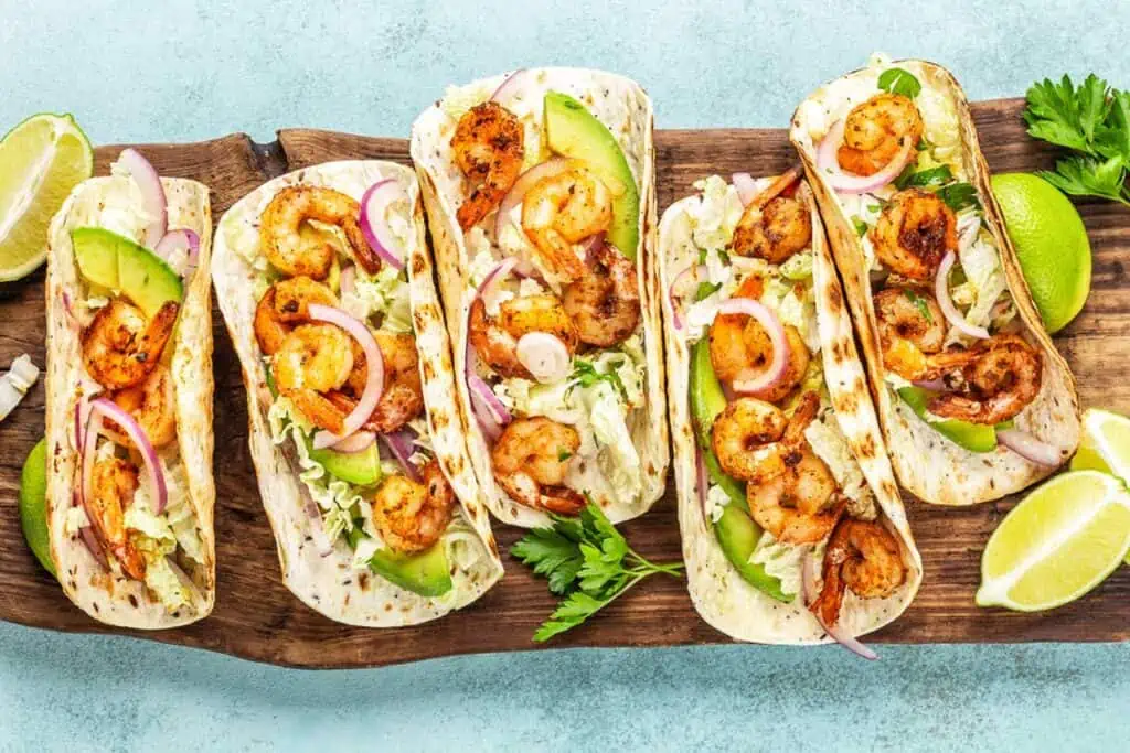 A top down shot of shrimp tacos.