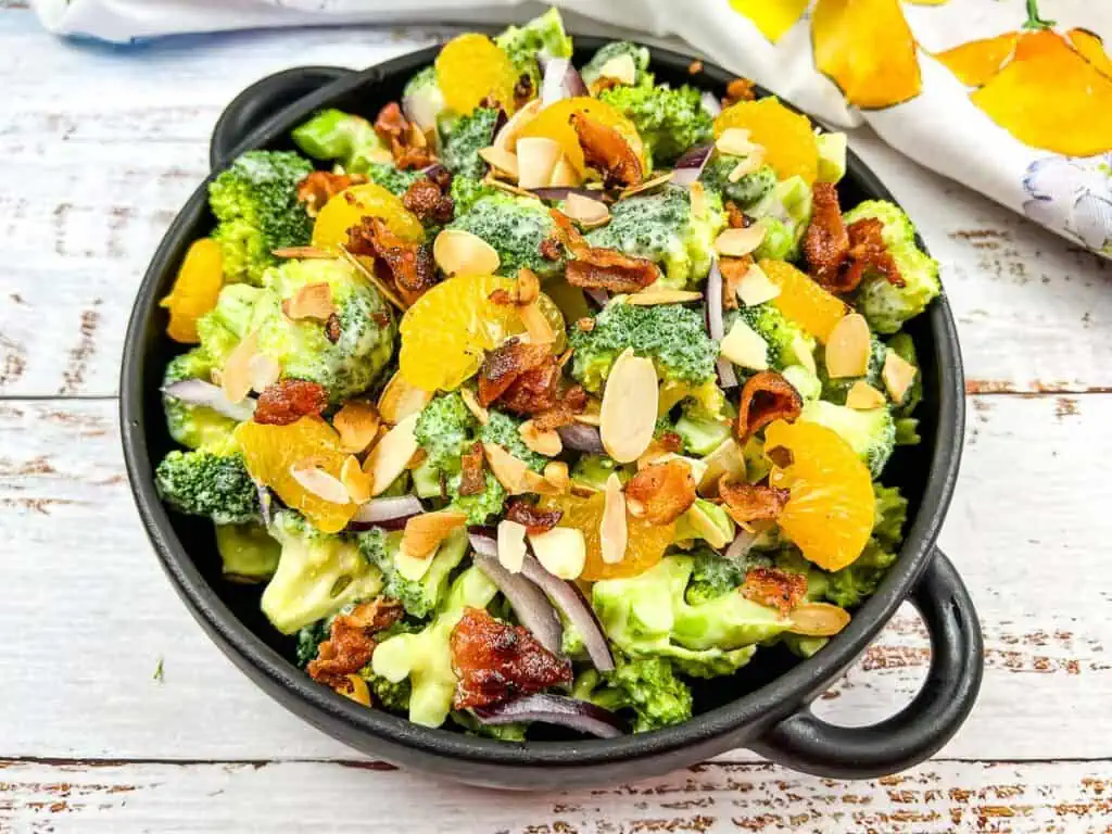 Finished Broccoli Salad with Bacon and Almonds in a bowl.