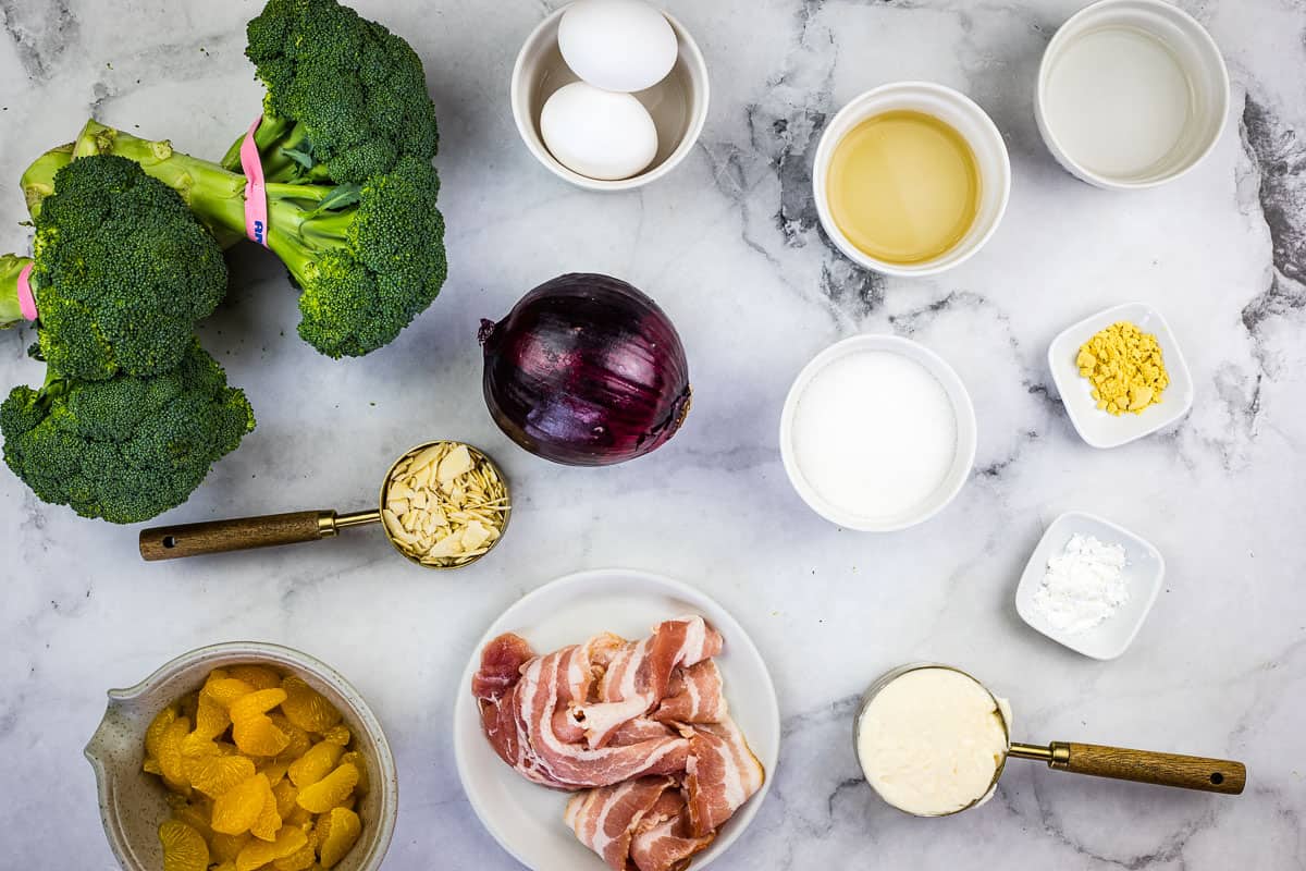 Ingredients to make Broccoli Salad with Bacon and Almonds.
