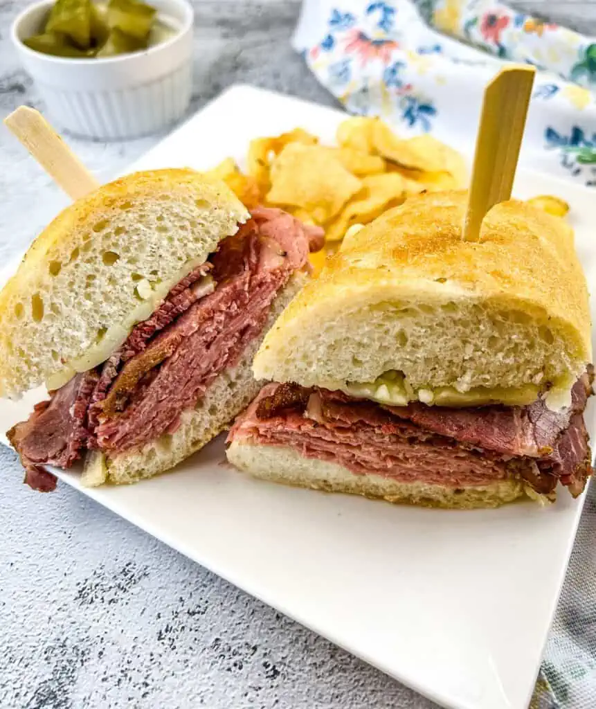 A New York Steamer sandwich cut in half.