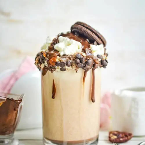 Finished Cookie Dough Milkshake in a glass.