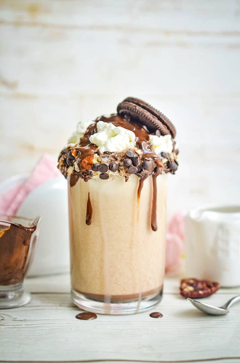 Finished Cookie Dough Milkshake in a glass.