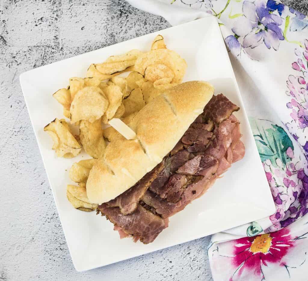 A top-down image of a New York Steamer sandwich.