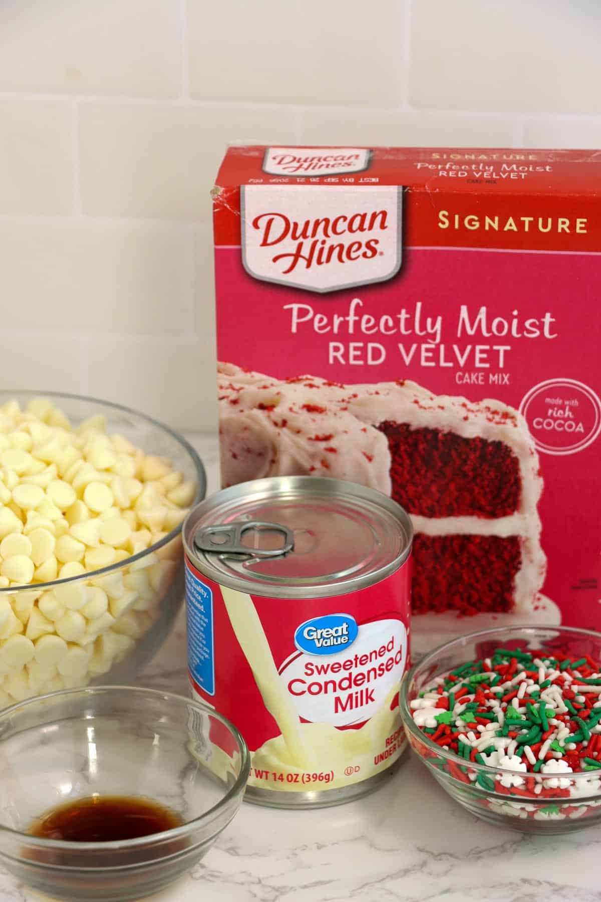 Ingredients to make red velvet Christmas truffles.