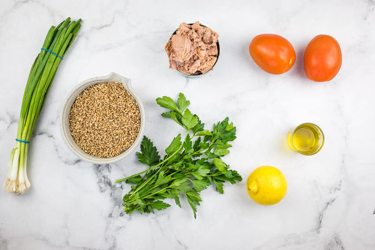 Ingredients to make Wheat Berry Salad with Tuna and Tomatoes.