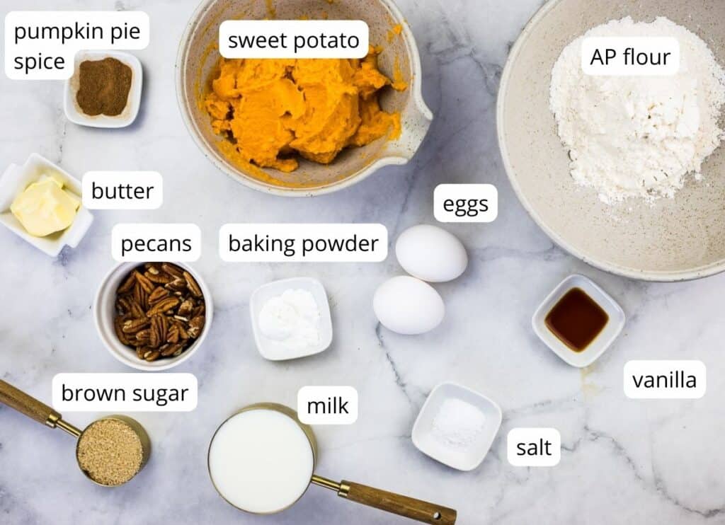 Labeled ingredients to make Sweet Potato Pancakes.