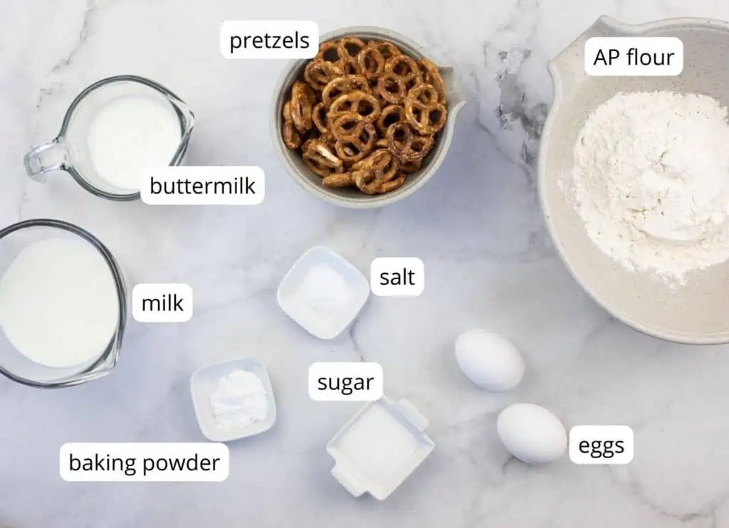 Labeled ingredients to make pretzel pancakes.