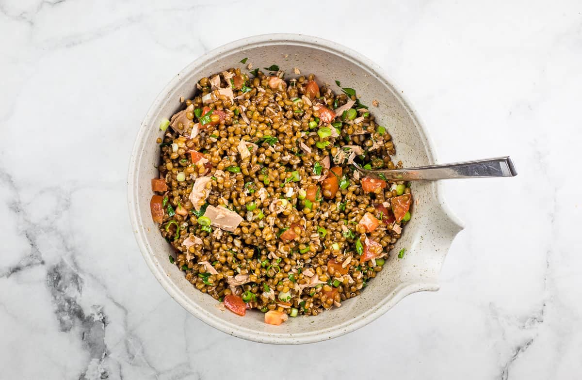 Mixed salad with dressing on it. 