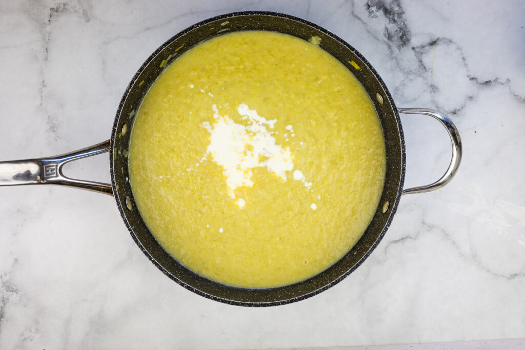 Cream added to the pureed soup.
