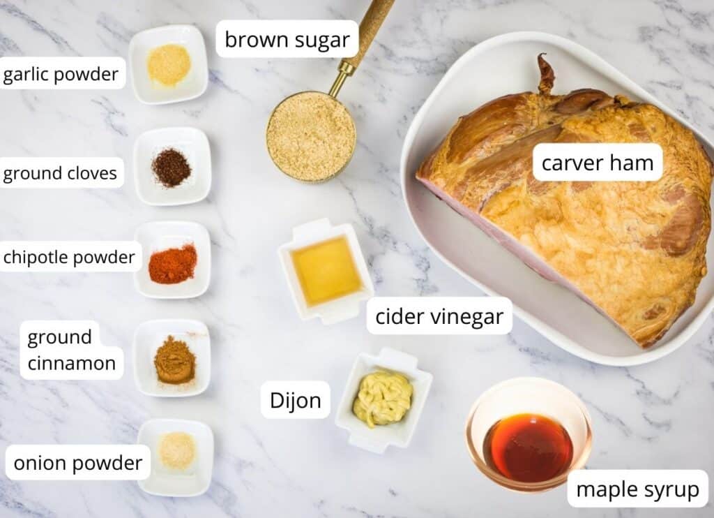 Smoked carver ham labeled ingredients.