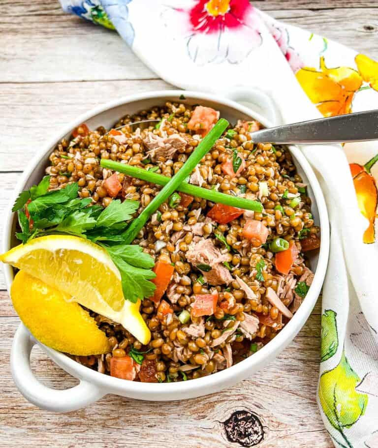 A vertical image of Wheat Berry Salad with Tuna and Tomatoes.