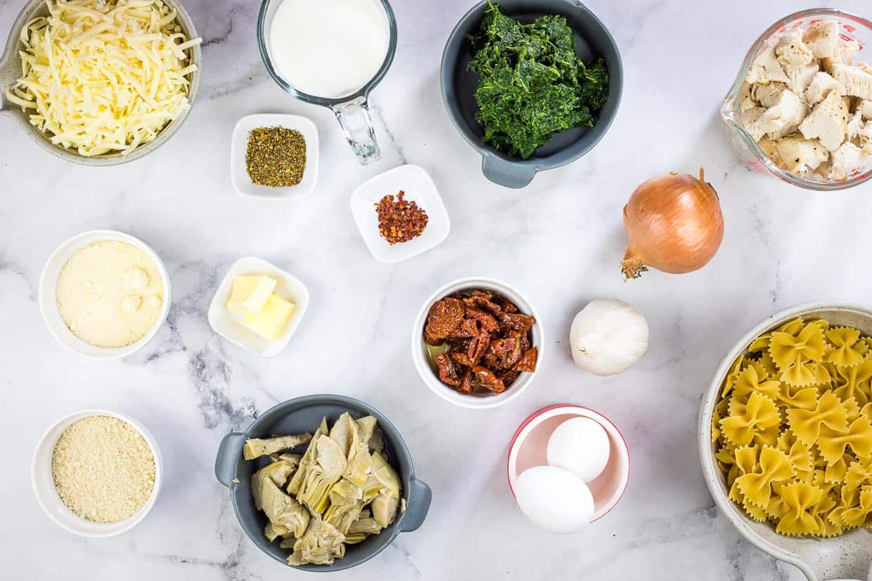 Ingredients to make Chicken Florentine Artichoke Bake.
