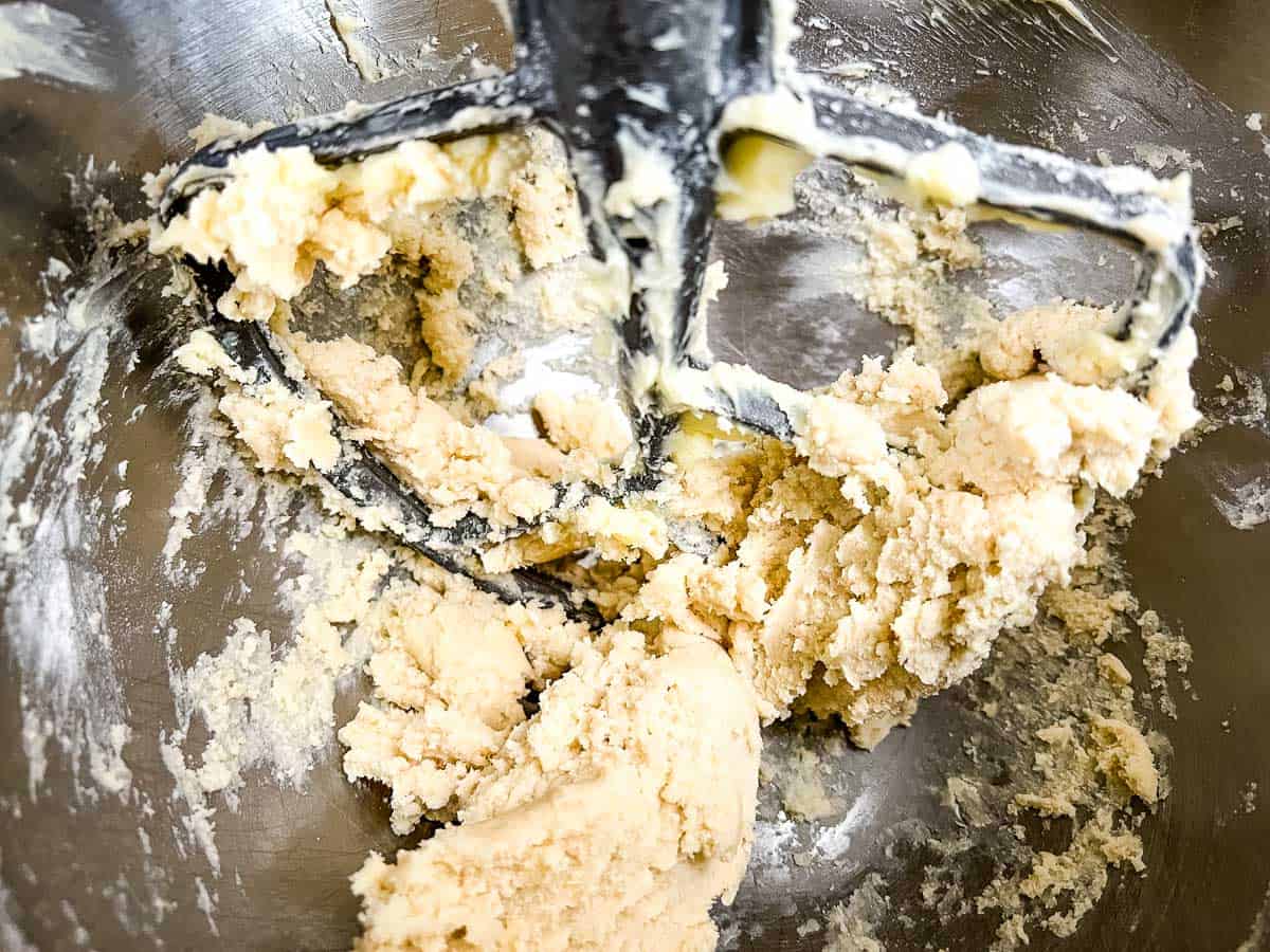 Mixing butter and sugar in a stand mixer.