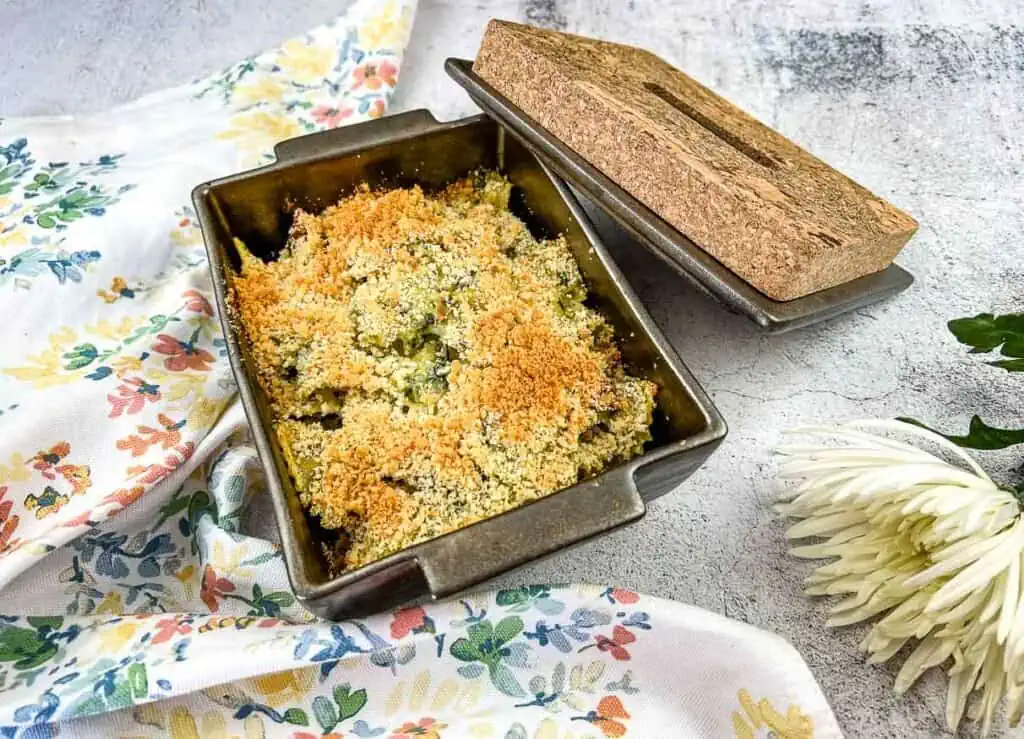Finished casserole in a baking dish.
