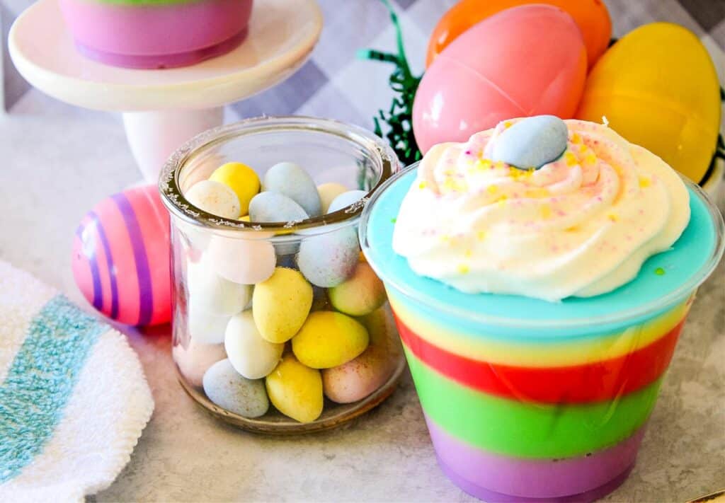 Easter Dessert cups on a counter with Easter decorations