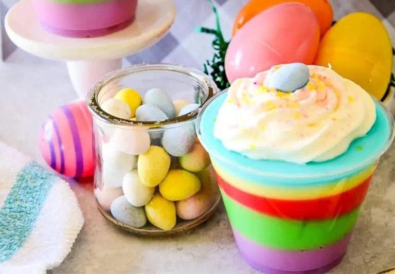 Easter Dessert cups on a counter with Easter decorations
