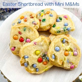 Easter shortbread cookies with mini M&Ms on a plate.