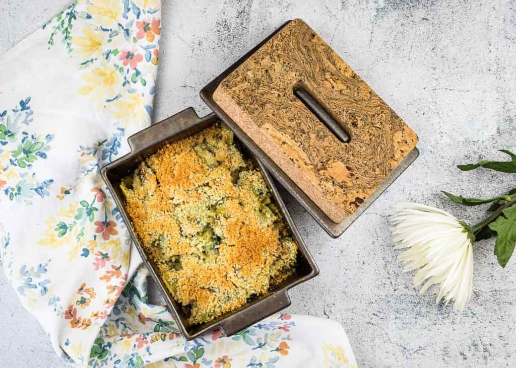 A top-down shot of the casserole in a baking dish.