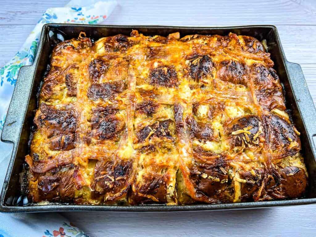 A full pan of hot cross bun breakfast casserole.