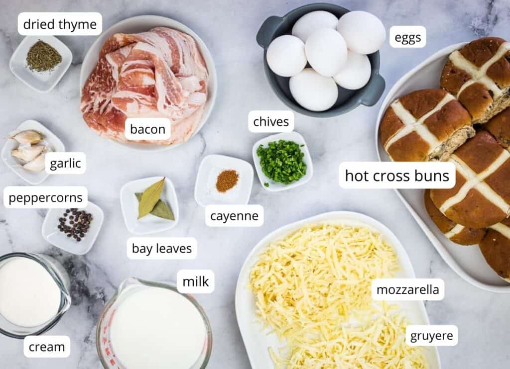 Labeled ingredients to make Hot Cross Bun Breakfast Casserole.