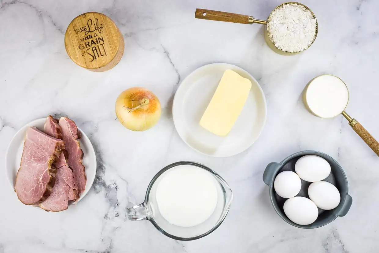 Ingredients to make Ham & Cheese Impossible Quiche.