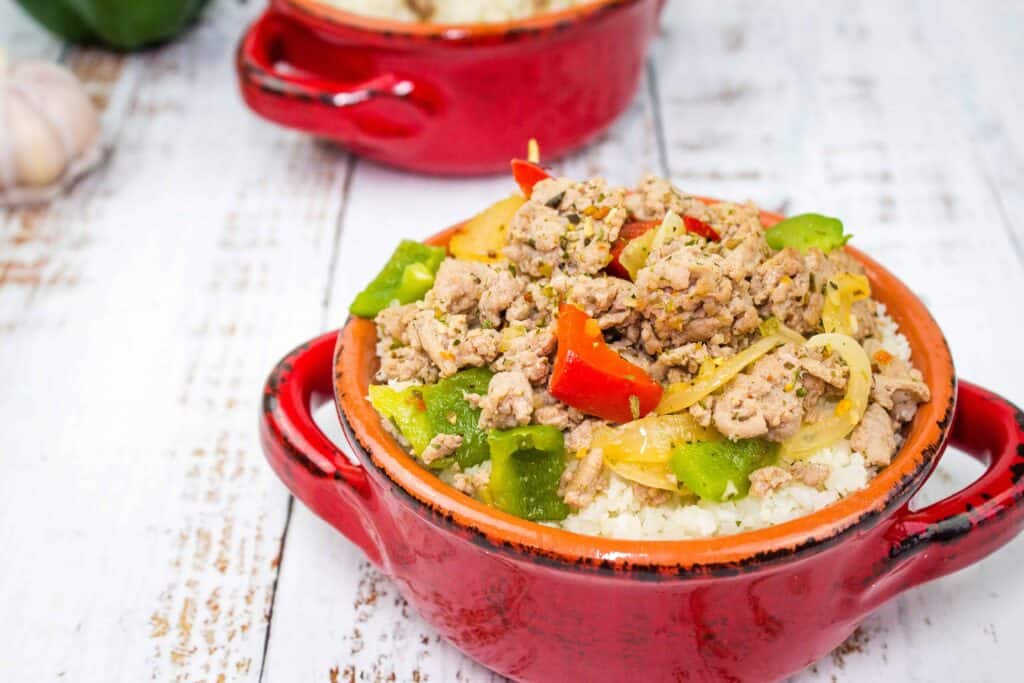 Keto Turkey & Peppers in a red bowl.