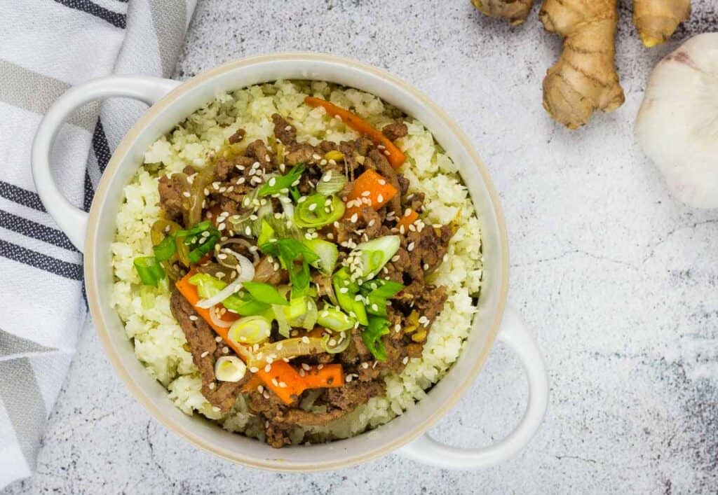 Korean beef bowl in a white bowl.