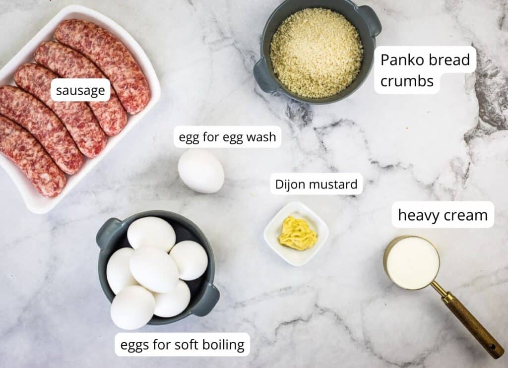 Labeled ingredients to make baked scotch eggs.