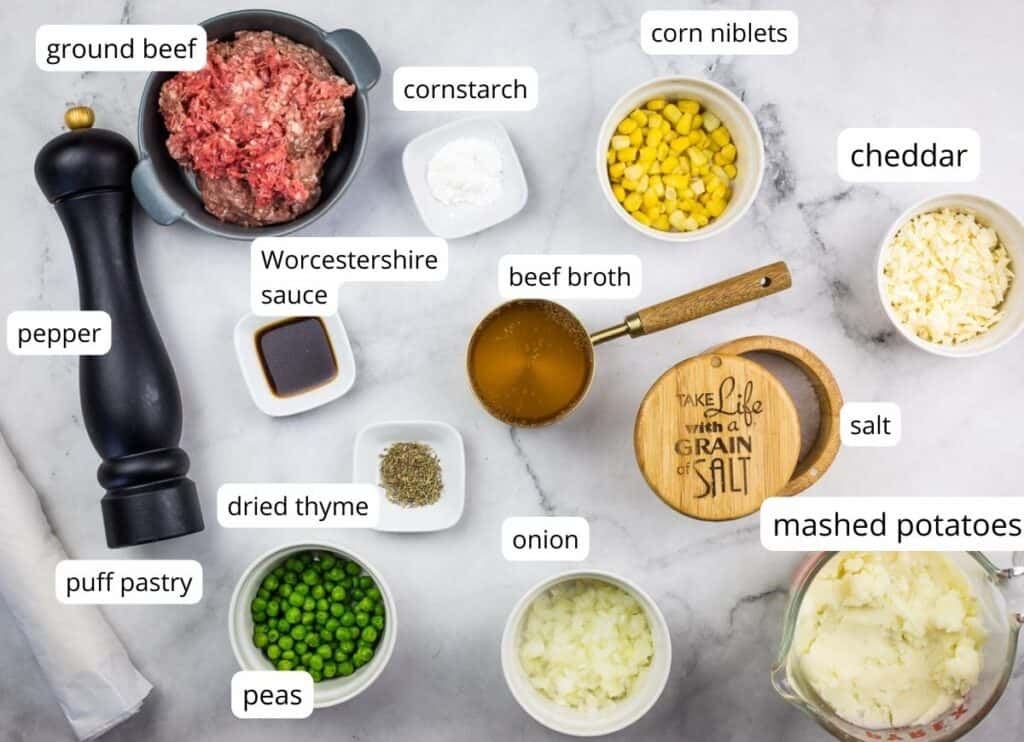 Labeled ingredients to make Shepherd's Pie Bites.