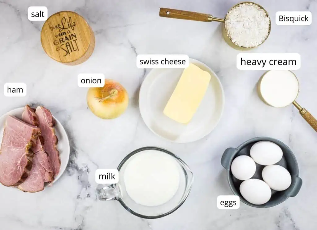 Labeled ingredients to make Impossible Ham & Cheese Quiche.