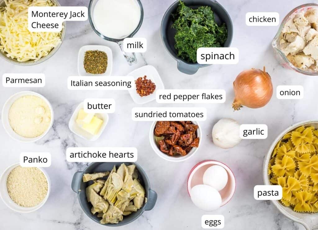 Labeled ingredients to make Chicken Florentine Bake.