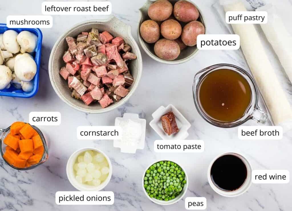 Labeled ingredients to make Leftover Roast Beef Pot Pies.