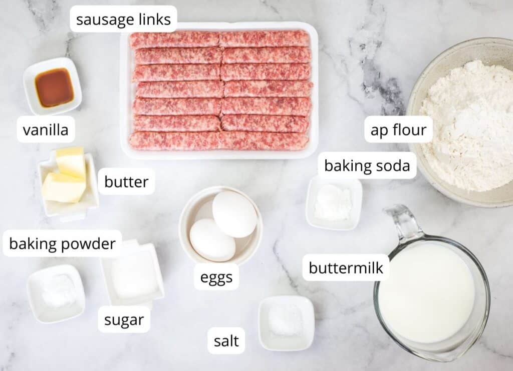 Labeled ingredients to make Pancake Bites with Sausage.