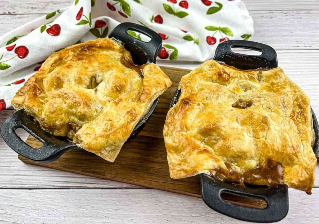 2 Leftover Roast Beef Pot Pies on a board.