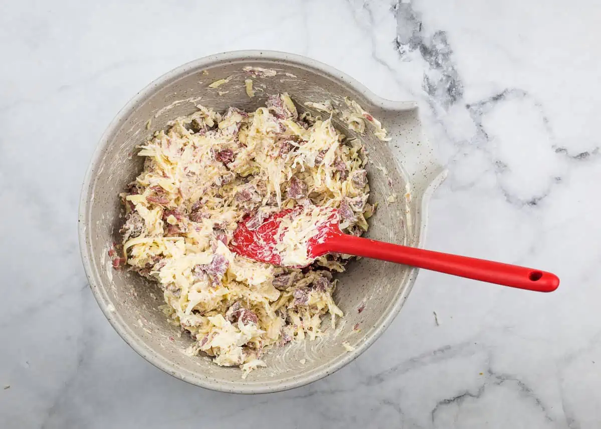 Egg roll filling mixed in a bowl.