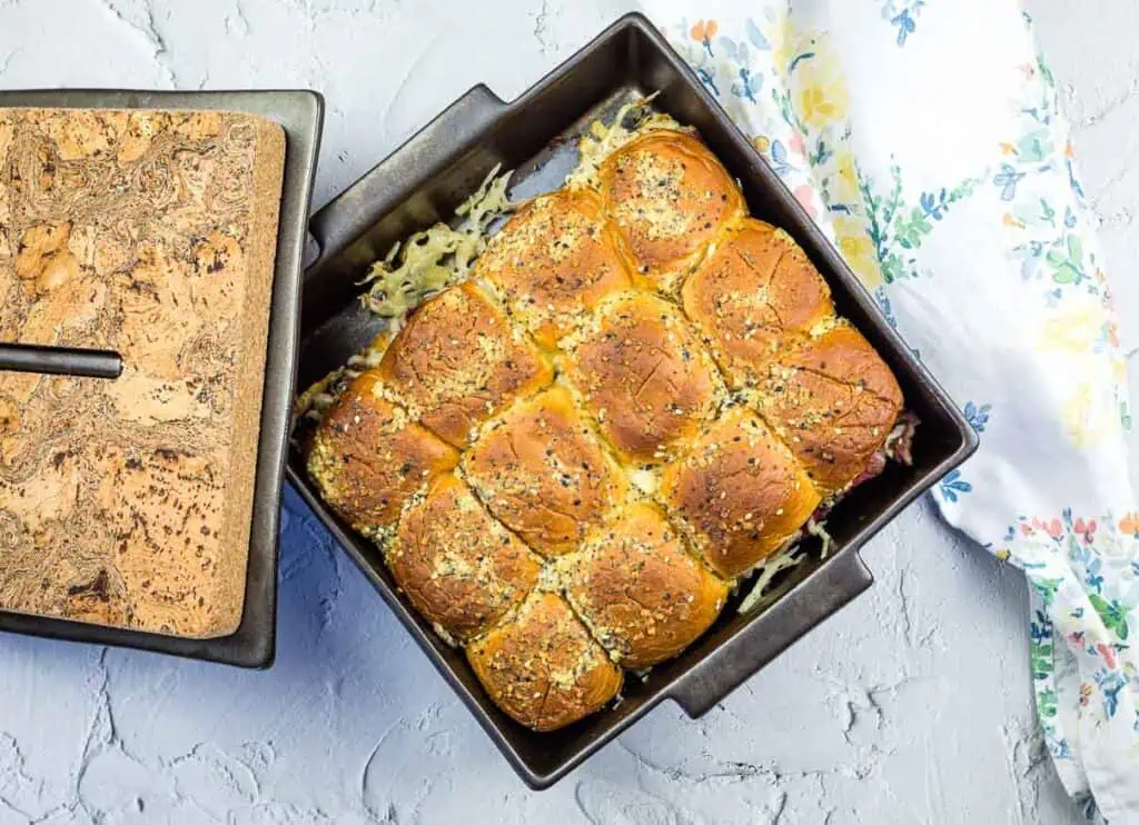 Reuben sliders in baking dish