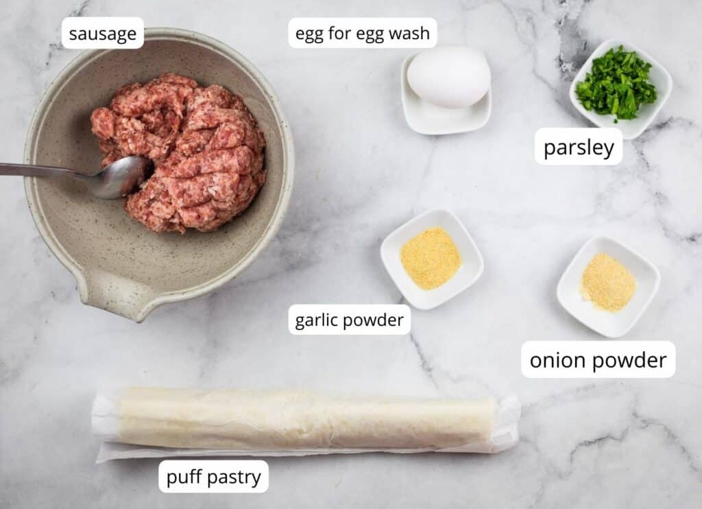 Sausage rolls ingredients labeled.