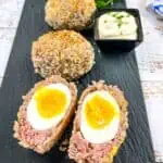 Cut open Scotch Eggs and whole Scotch Eggs on a black platter.