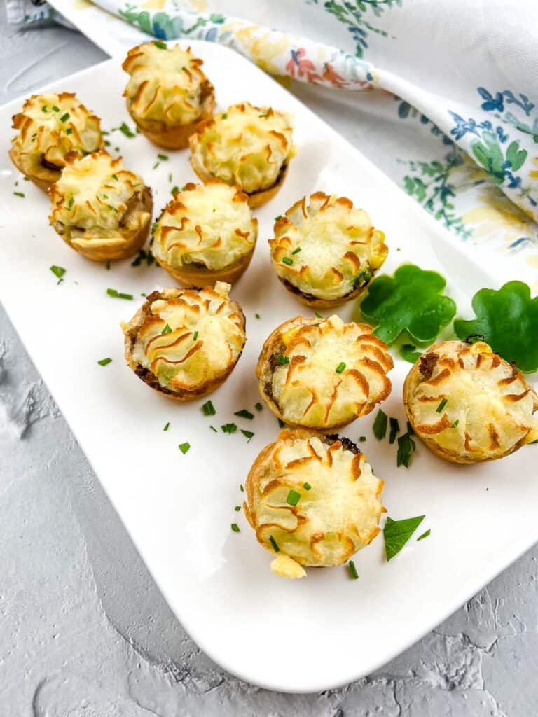 Shepherd's Pie Bites on a white platter.