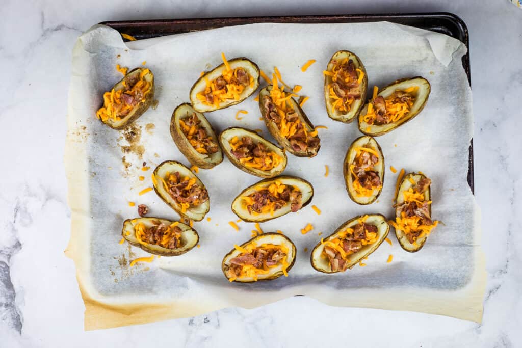 Baked potato skins ready for the oven.