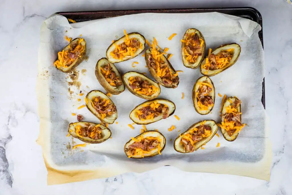 Baked potato skins ready for the oven.