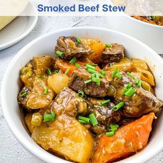 Smoked Beef Stew in a white bowl.