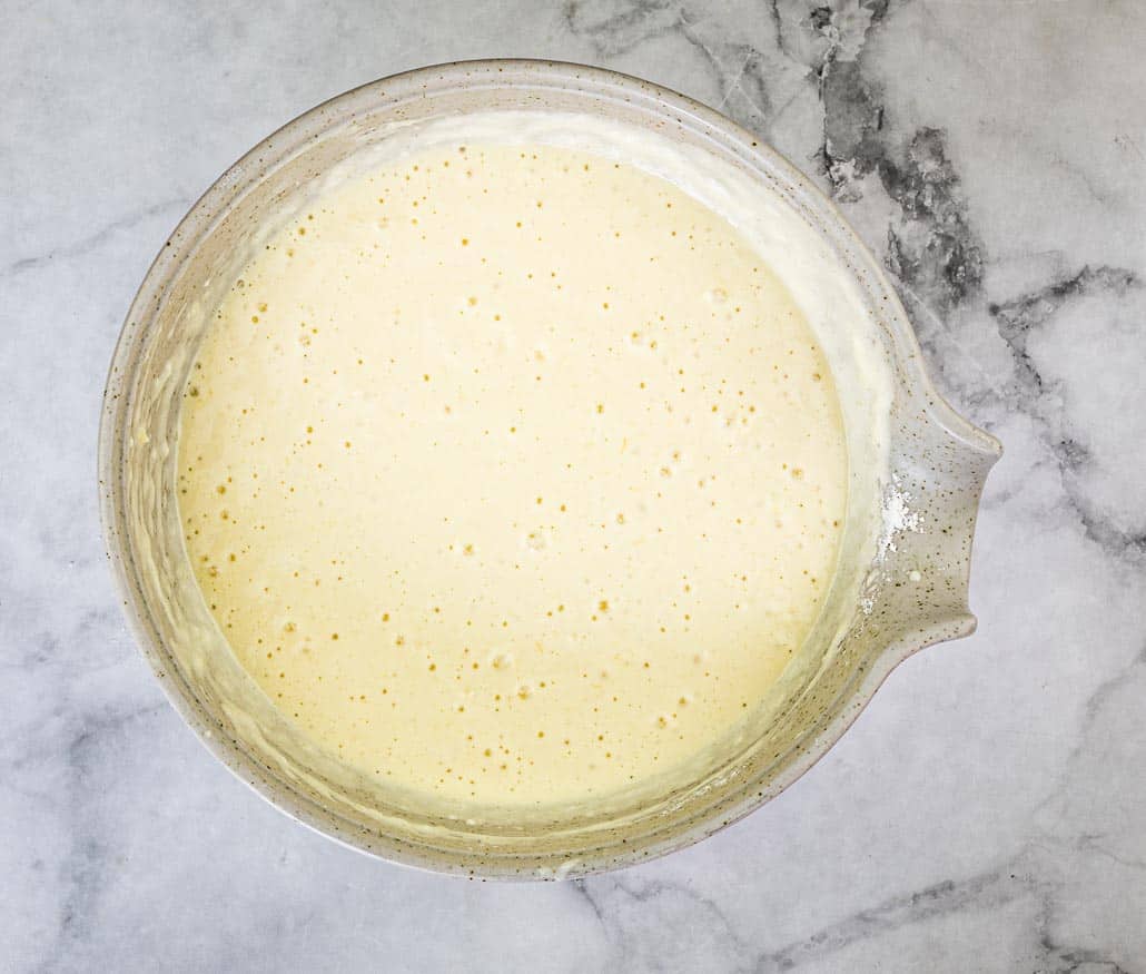 Buttermilk pancake batter in a large bowl.