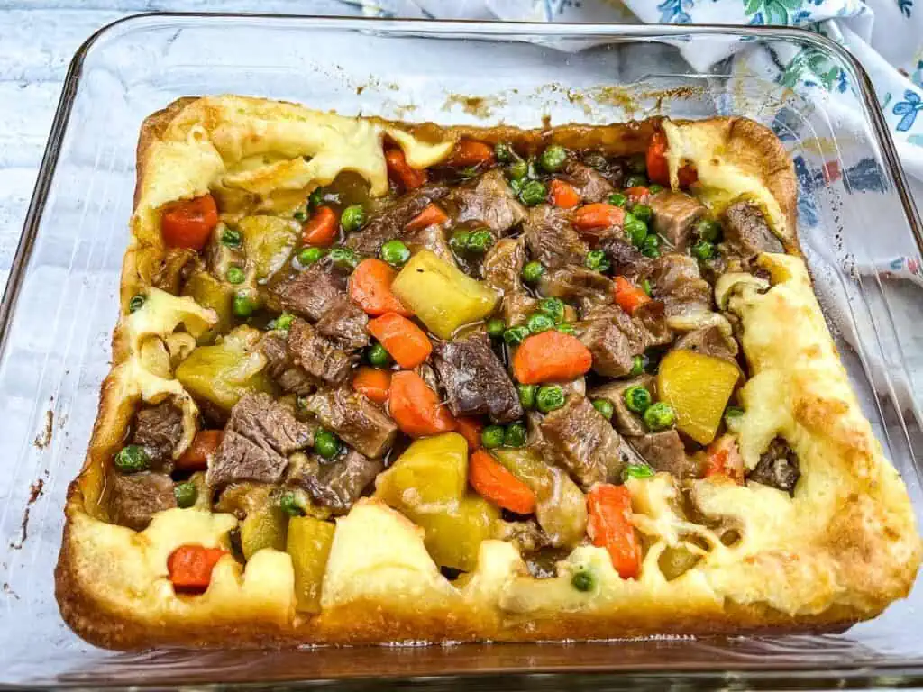 Leftover Roast Beef Yorkshire pudding pie in a baking dish.